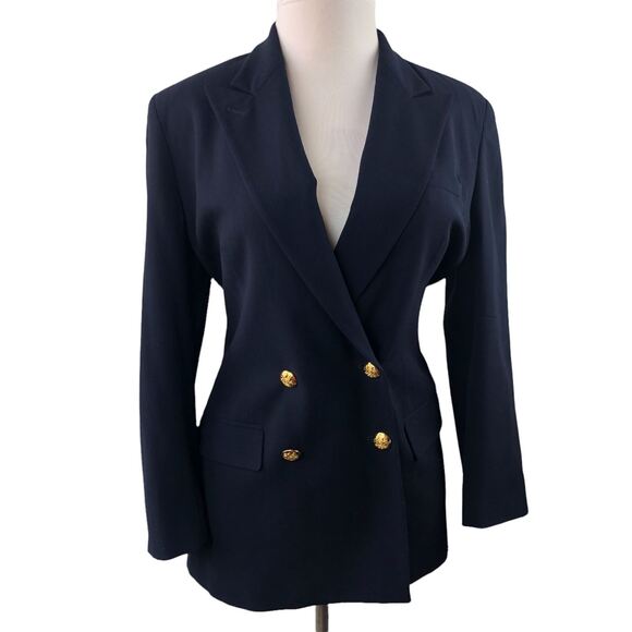 *Flawed Lauren Ralph Lauren Wool Double Breasted Blazer Suit Jacket Navy Size 14 - Picture 2 of 16